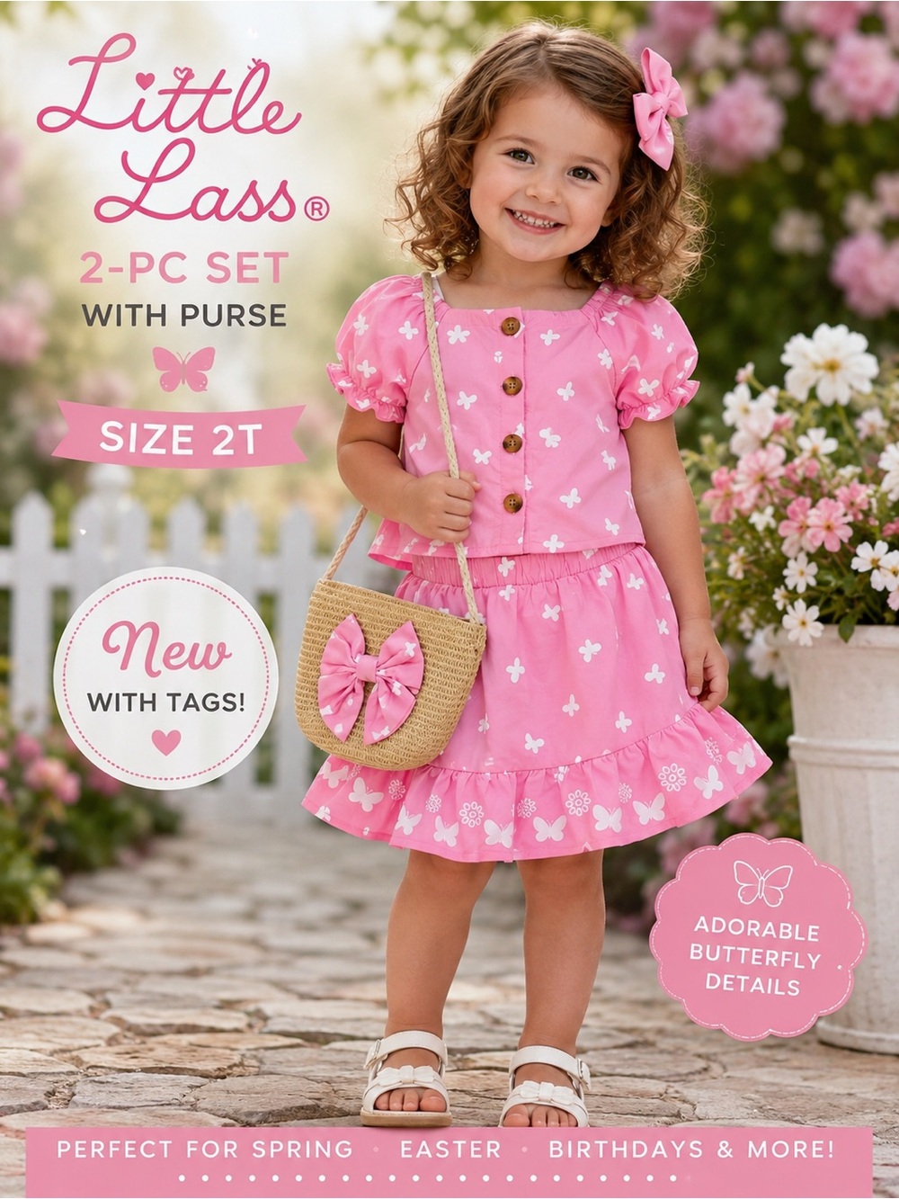 Little Lass Girls 2T Pink Butterfly 2 Piece Skirt Set with Purse NWT
